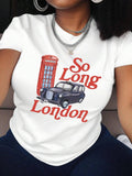 Women's Car & Letter Print Round Neck Tee, Vintage Trendy Casual Short Sleeve T-shirt for Daily Wear, Ladies Summer Outfit