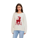 Women's Christmas Sweaters Reindeer Letter Bow Long Sleeve Round Neck Ribbed Knitted Tops