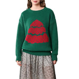 Women's Christmas Tree Sweaters Drop Shoulder Long Sleeve Round Neck Ribbed Loose Knitted Tops Knitwear Light