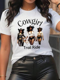 Women's Cowgirl & Letter Print Round Neck Tee, Fashion Casual Short Sleeve Crew Neck T-shirt for Daily Holiday Vacation Outdoor Wear, Ladies Summer Clothes
