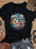 Women's Floral & Letter Print Round Neck Graphic Tee, Vintage Trendy Casual Short Sleeve T-shirt For Daily Wear, Ladies Summer Outfit