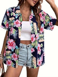 Women's Floral Print Button Shirt, Casual Short Sleeve Collared Top for Summer, Ladies Islamic  Clothes for Daily Wear