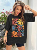 Women's Floral Print Drop Shoulder Tee, Casual Half Sleeve Round Neck T-shirt for Summer, Ladies Clothes for Daily Wear