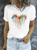 Women's Heart Print Round Neck Tee, Fashion Casual Short Sleeve T-shirt, Ladies Summer Clothes for Daily Wear