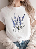 Women's Lavender Print Round Neck Tee, Casual Short Sleeve Crew Neck T-shirt for Summer, Ladies Clothes for Daily Wear