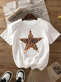 Women's Leopard Star Print Round Neck Tee, Fashion Casual Crew Neck T-Shirt for Daily Holiday Vacation Outdoor Wear, Ladies Clothes for All Seasons