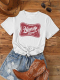 Women's Letter & Geometric Print Round Neck Tee, Trendy Casual Short Sleeve T-Shirt for Daily Wear, Ladies Summer Outfit