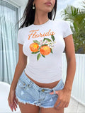Women's Letter & Orange Print Round Neck Tee, Casual Short Sleeve Crew Neck T-Shirt for Summer, Fashion Women's Top for Daily Wear