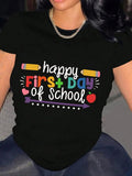 Women's Letter & Pencil Print Round Neck Tee, Fashion Casual Short Sleeve T-shirt for Daily Wear, Ladies Summer Clothes