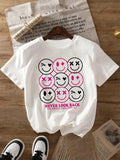 Women's Letter & Smile Face Print Round Neck Tee, Fashion Casual Crew Neck Short Sleeve T-shirt for Daily Holiday Vacation Outdoor Wear, Ladies Clothes for All Seasons