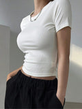 Women's Plain Round Neck Ribbed Crop Tee, Casual Short Sleeve T-shirt for Summer, Ladies Clothes for Daily Wear