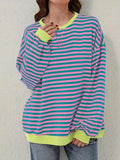 Women's Striped Print Contrast Binding Drop Shoulder Sweatshirt, Fall Outfits, Fallfreshness Casual Long Sleeve Round Neck Pullover for Spring & Fall, Ladies Clothes for Daily Wear
