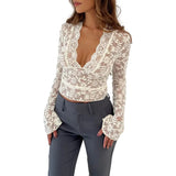 Women's Summer Fashion Crop Tops Long Flared Sleeve Sheer Lace Floral Slim T-shirt Polyester Womenswear