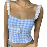 Women's Summer Slim Sling Vest Blue Sleeveless Backless Lace Trim Plaid Crop Tops Polyester Womenswear