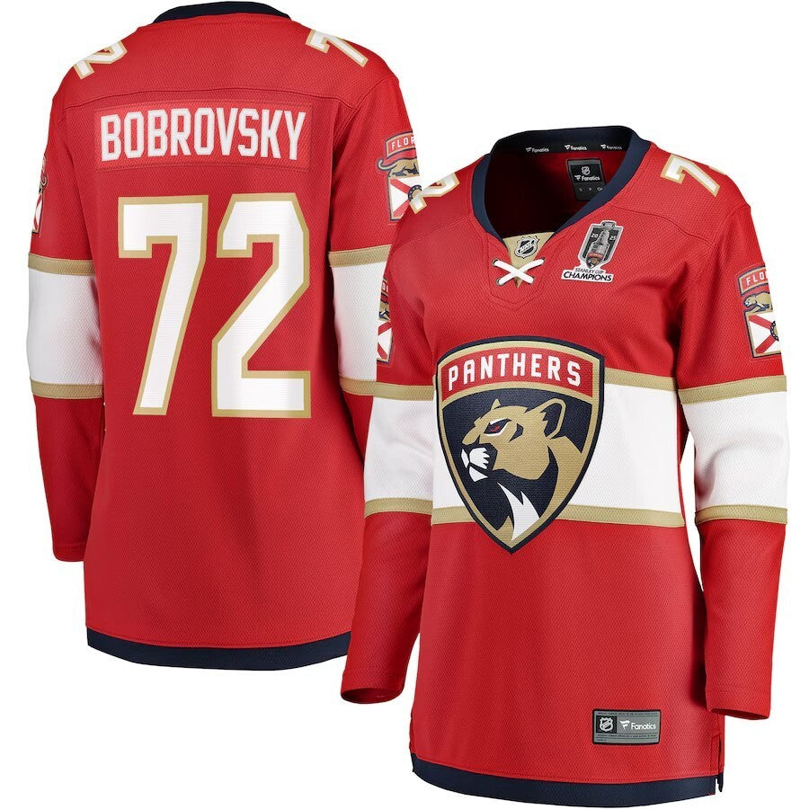 Women Florida Panthers #72 Sergei Bobrovsky 2025 Stanley Cup Champions Breakaway Jersey - Red