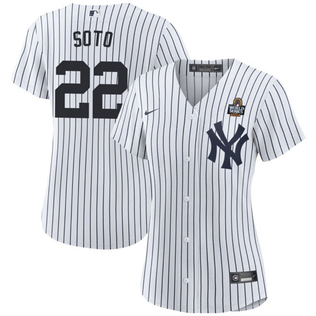Women New York Yankees #22 Juan Soto White 2024 World Series With Name Cool Base