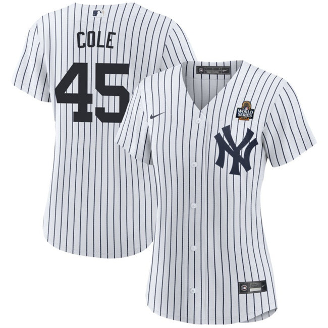 Women New York Yankees #45 Gerrit Cole White 2024 World Series With Name Cool Base