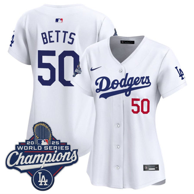 Women's Los Angeles Dodgers #50 Mookie Betts White 2025 World Series Champions Home
