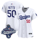 Women's Los Angeles Dodgers #50 Mookie Betts White 2025 World Series Champions Home