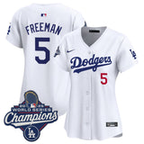 Women's Los Angeles Dodgers #5 Freddie Freeman White 2025 World Series Champions Home