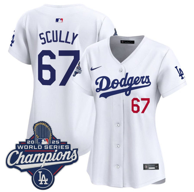 Women's Los Angeles Dodgers #67 Vin Scully White 2025 World Series Champions Home Cool