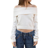 Womens Off Shoulder SweaterSolid Fold Over Long Sleeve Crop Knit Tops Casual Fall Streetwear