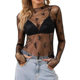 Womens Sheer Lace Tops Bow Lettuce Trim Boat Neck Long Sleeve Slim Fit Casual Parties Shirt Polyester Womenswear