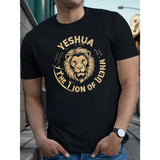 Yeshua Lion of Judah Print T-Shirt for Men, Casual Crew Neck Short Sleeve Polyester Knit Tee with Geometric Pattern, Summer Wear Made in USA