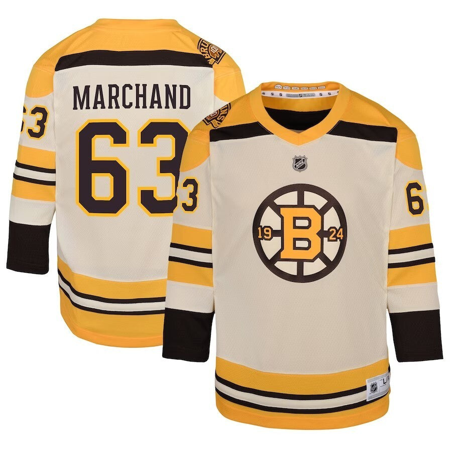 Youth Boston Bruins #63 Brad Marchand 100th Anniversary Replica Player Jersey - Cream