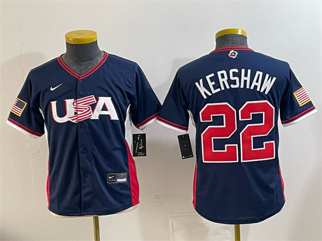 Youth USA Baseball #22 Clayton Kershaw Navy 2026 World Baseball Classic Stadium
