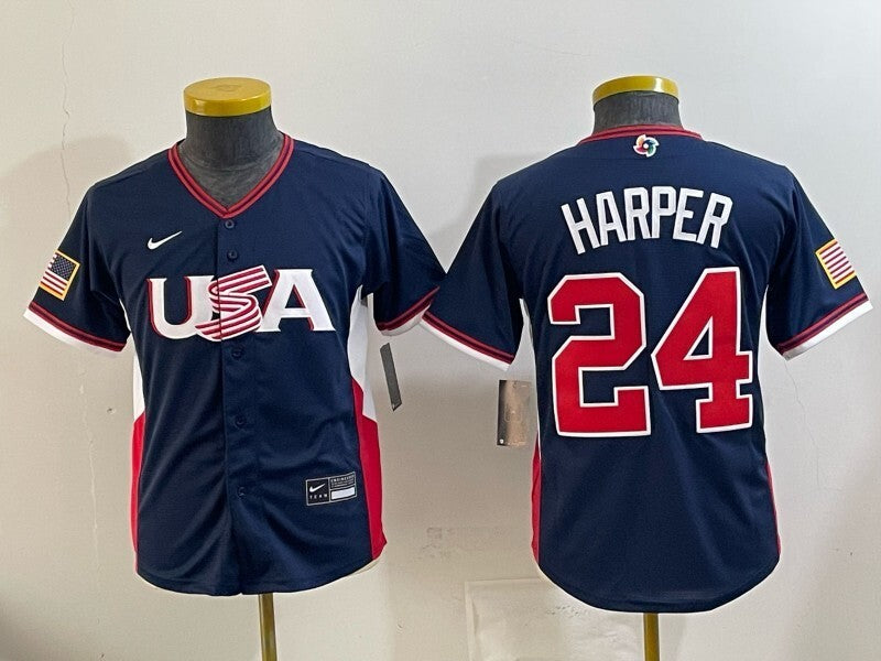 Youth USA Baseball #24 Bryce Harper Navy 2026 World Baseball Classic 26 World Cup Youth