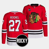 chicago blackhawks #27 lukas reichel 2023-24 authentic home red rocky patch jersey