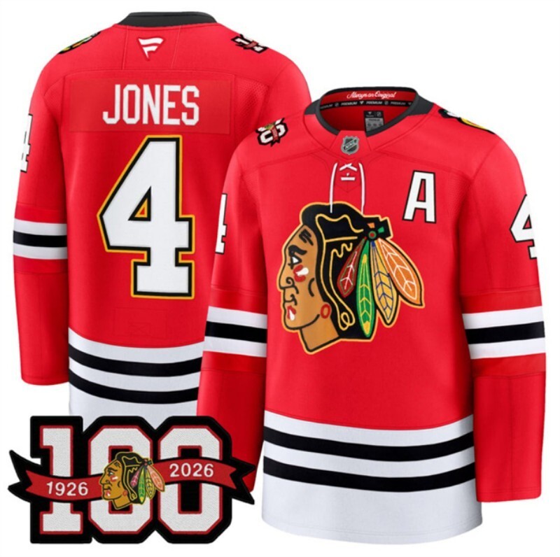 chicago blackhawks #4 seth jones red 2025 home 100th anniversary with a patch