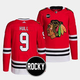 chicago blackhawks #9 bobby hull 2023-24 authentic home red rocky patch jersey