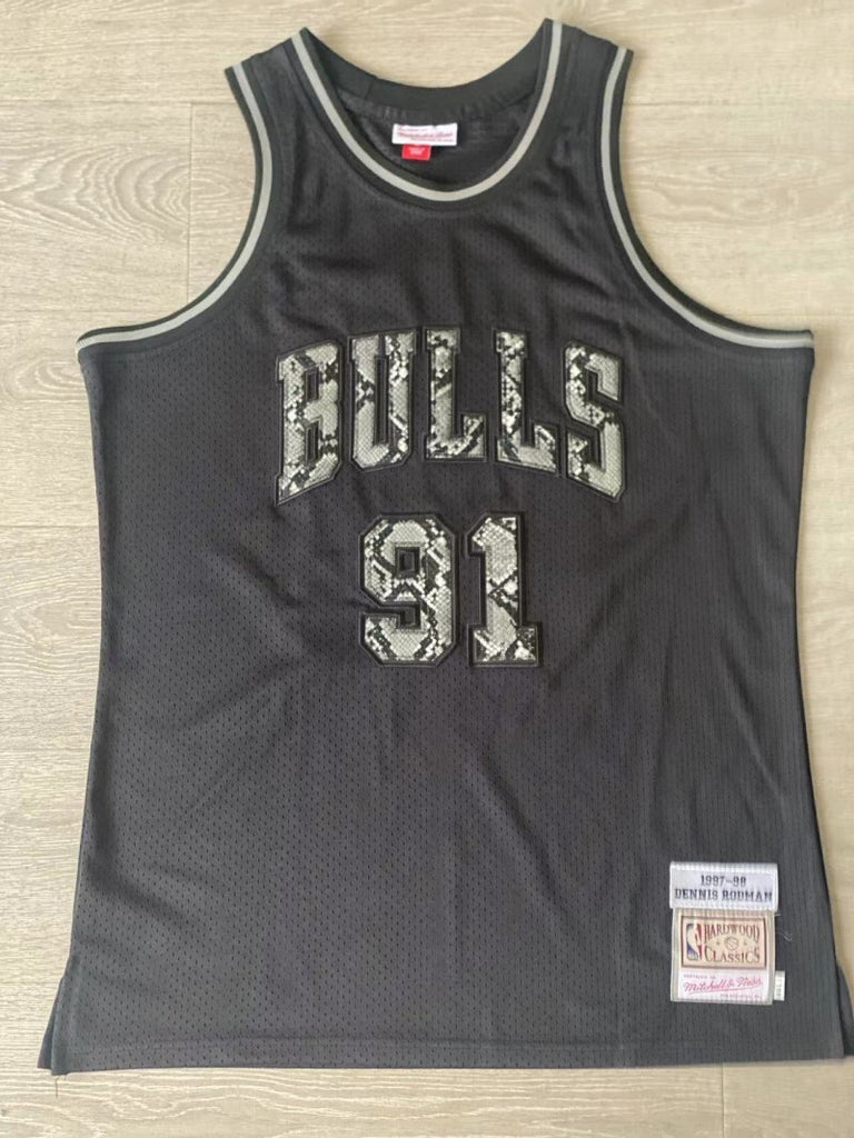 chicago bulls #91 dennis rodman 1997-98 leather snakeskin Bulls 91 # Rodman 97-98 Black Embroidered Jersey Style 2