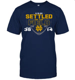 Limited 11.5.22 Settled On The Field Notre Dame Fighting Irish vs. Clemson Tigers Blue 2022 Football Matchup Score T-Shirt