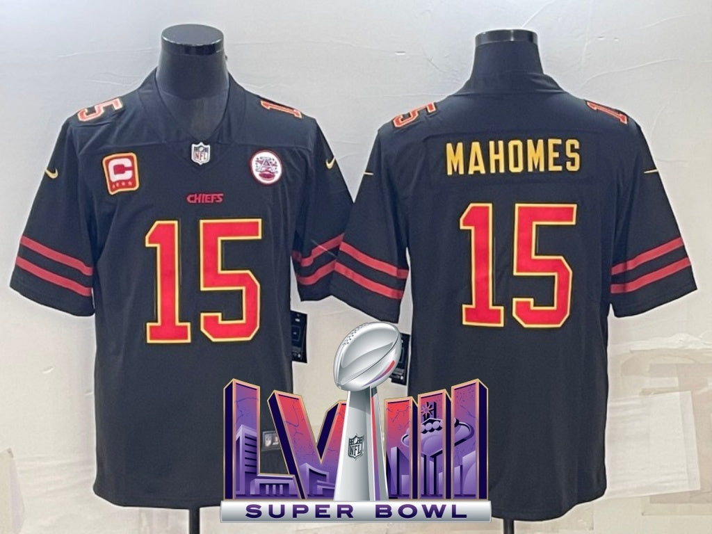 kansas city chiefs #15 patrick mahomes Black Gold Text V2 330b