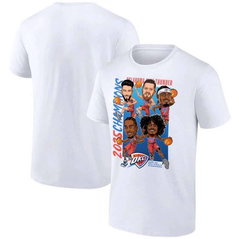 oklahoma city thunder white 2025 finals champions caricature full court t-shirt