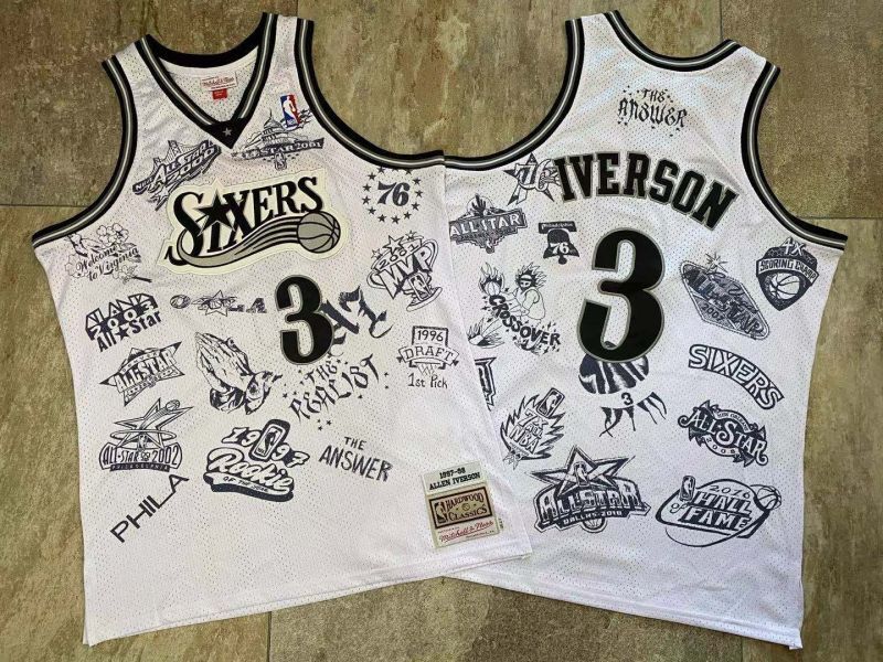 philadelphia 76ers #3 allen iverson mitchell ness Retro Fan Edition nba 76 Iverson Collaboration Series Jersey White Style 9